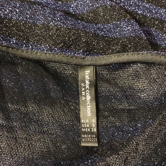 ZARA Blue Black Striped Top Front Frill Long Sleeve V-Neck New (RT$39) Small - Picture 4 of 5